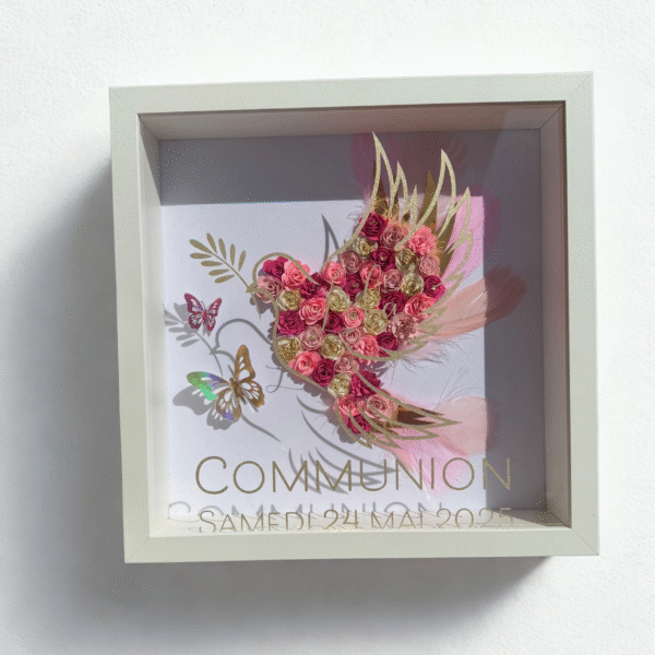 Cadre Colombe Fleurie – Souvenir personnalisé en fleurs de papier