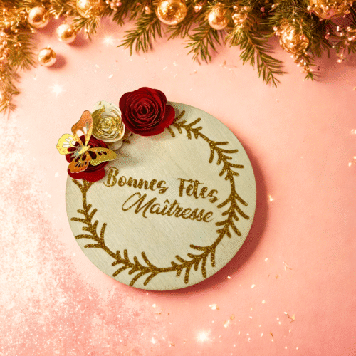 Magnet fleuri personnalisable – “Bonnes Fêtes Maîtresse” – Cadeau de Noël original